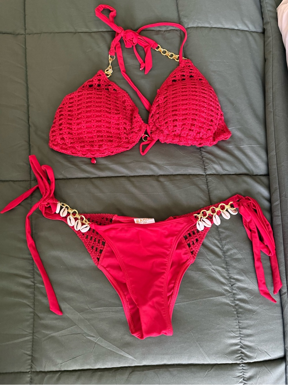 Bahimi Red Crochet Shell-Embellished Bikini Set